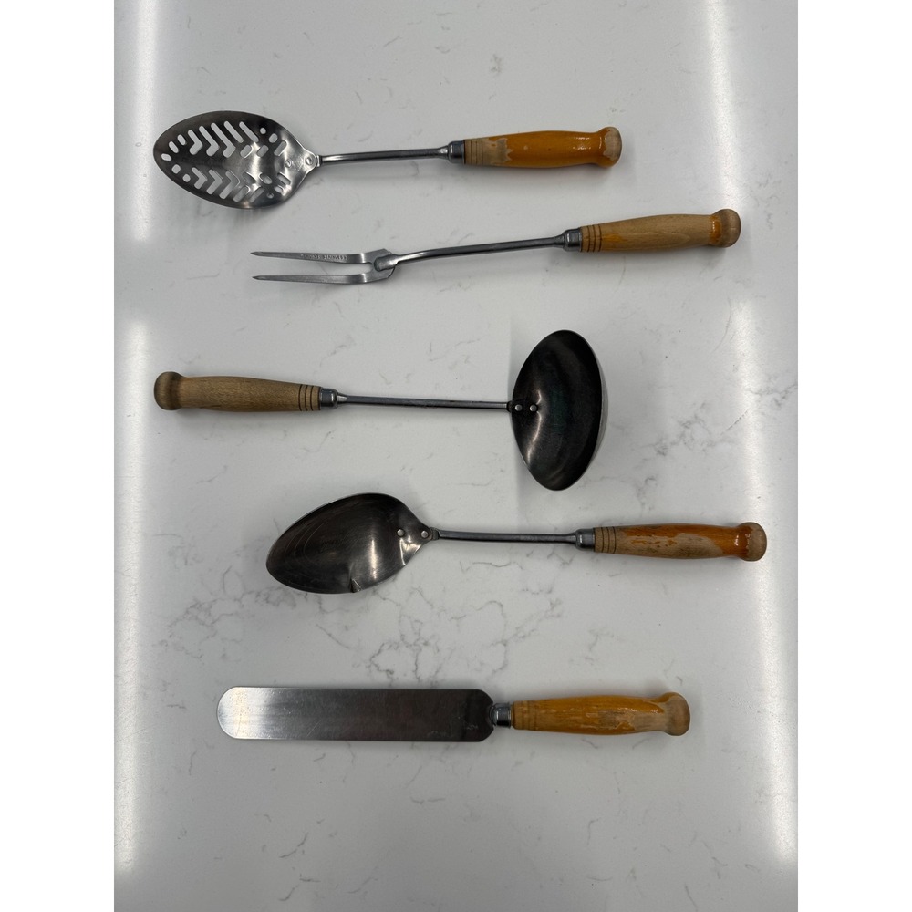 Vtg A&J 1940s Kitchen Utensil Set 5pc Stainless Steel Wood Handle Made in USA